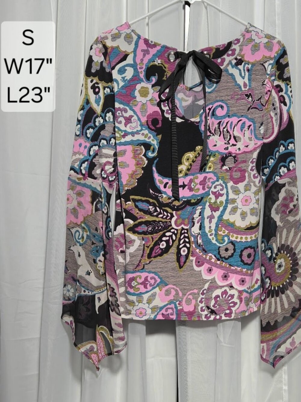 Coco Bianco Paisley Boho Top Size Small Sheer Bell Sleeves Bow Back